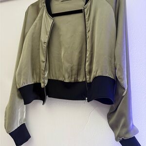 Zara Olive Satin Bomber Jacket with Black Trim